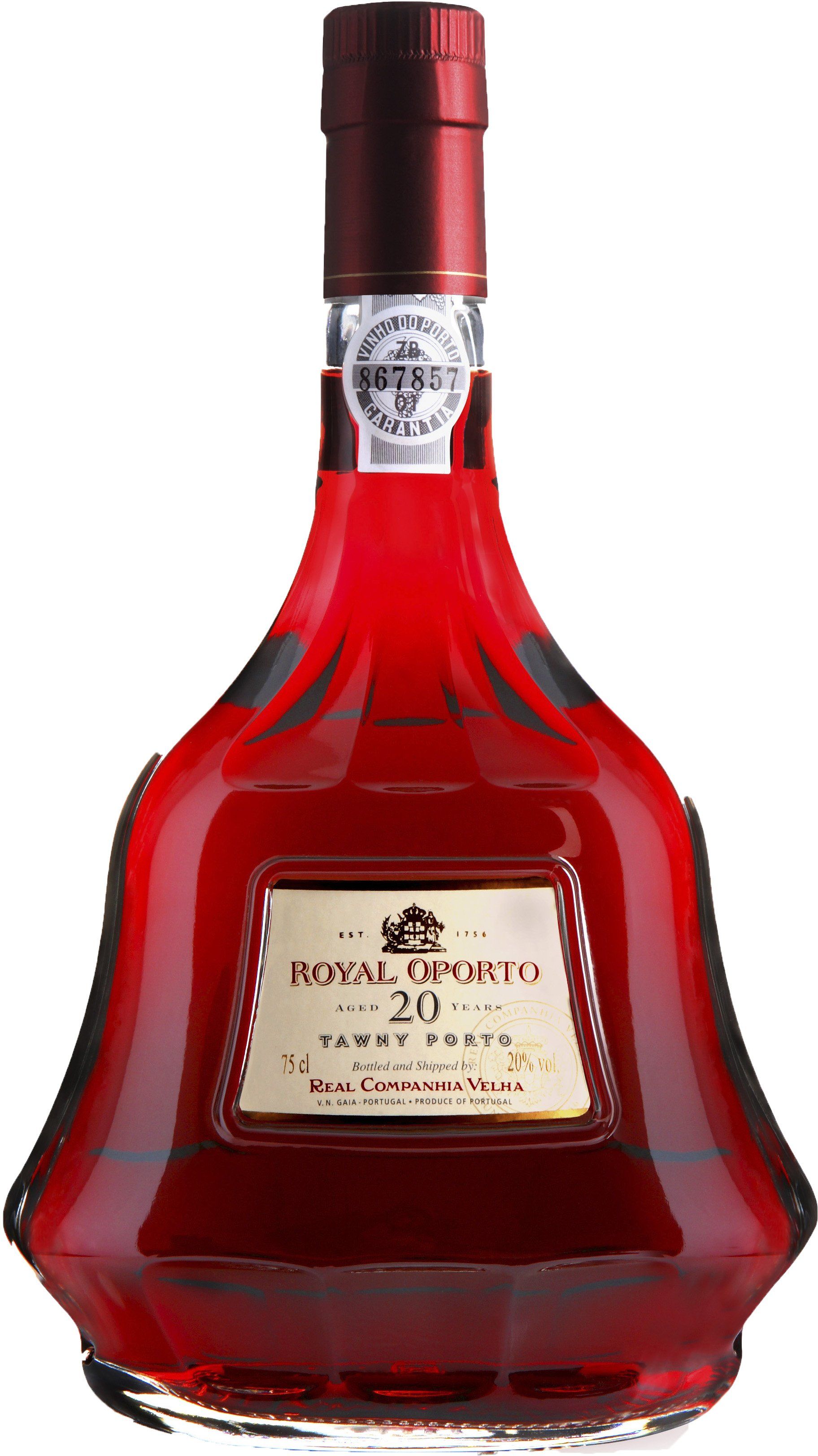 Bottle of Royal Oporto 20 year Tawny Port wine, dark red glass.