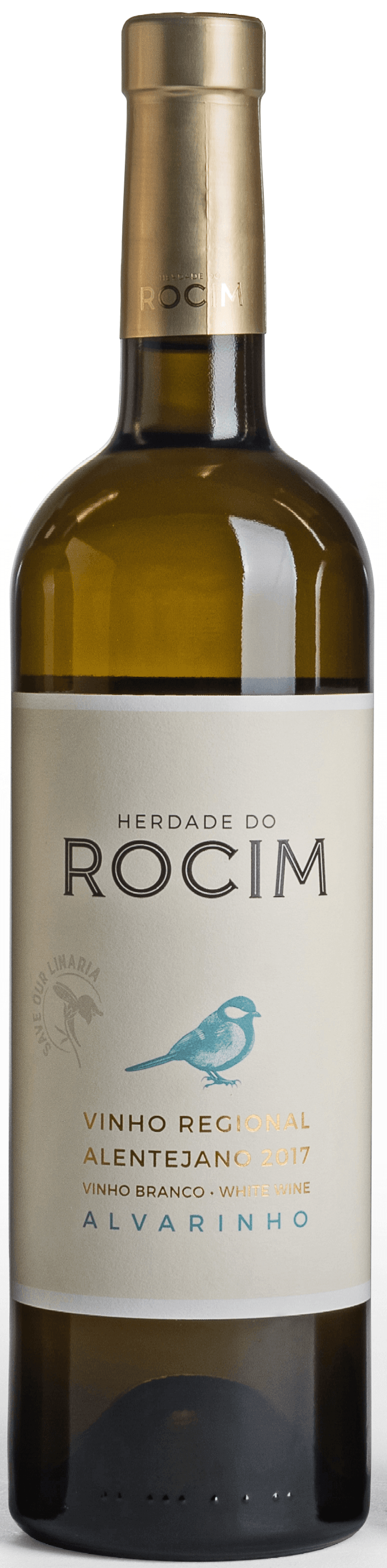 Wine bottle with a white label, the brand Rocim is displayed, and a blue bird illustration.