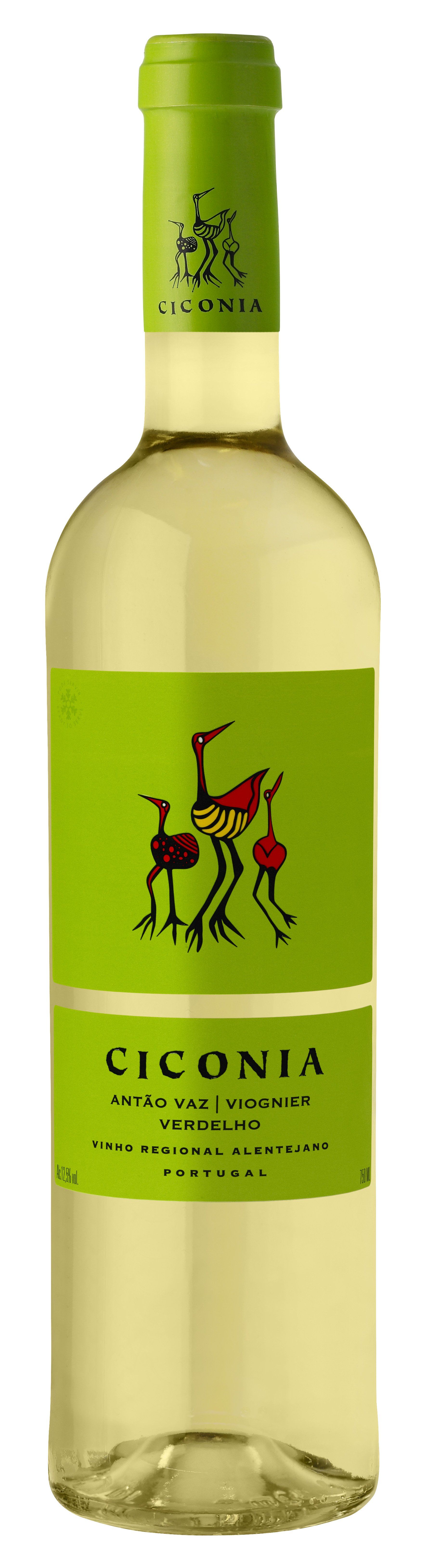Bottle of white wine, green label with bird illustration, 