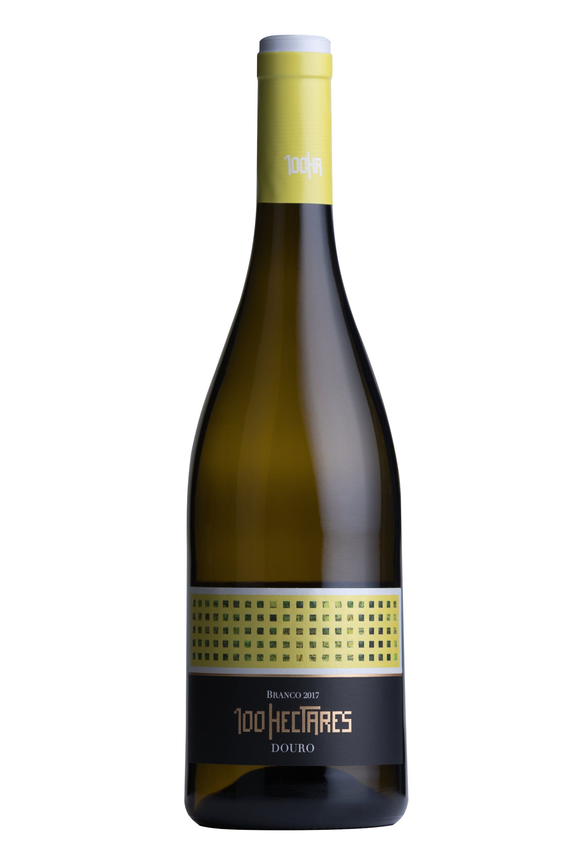 Bottle of white wine with yellow and black label;