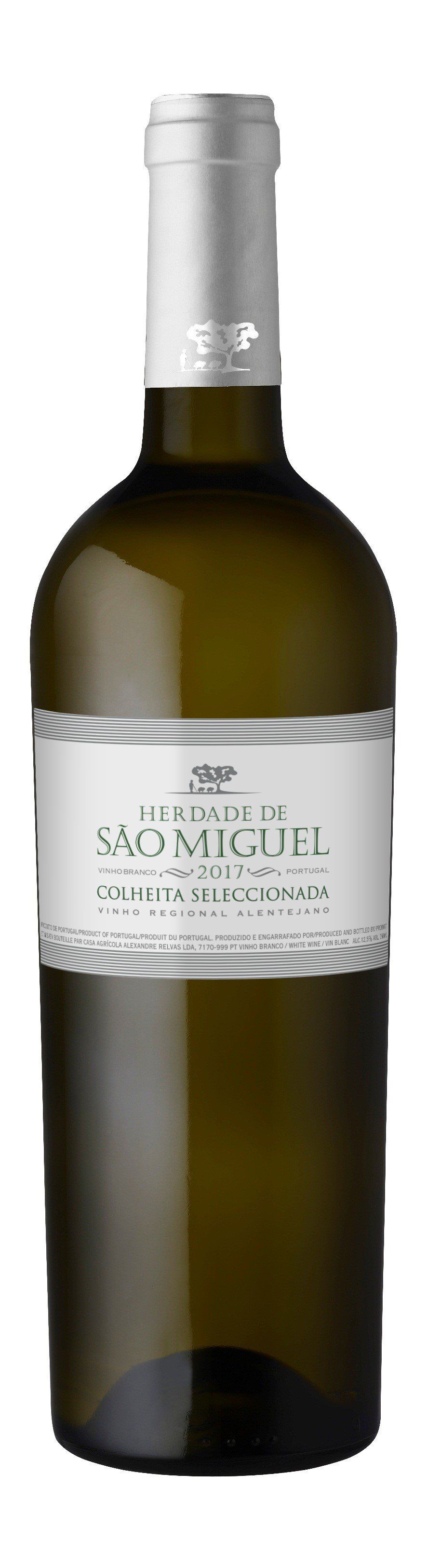 Bottle of white wine, with a silver top and label that has text.
