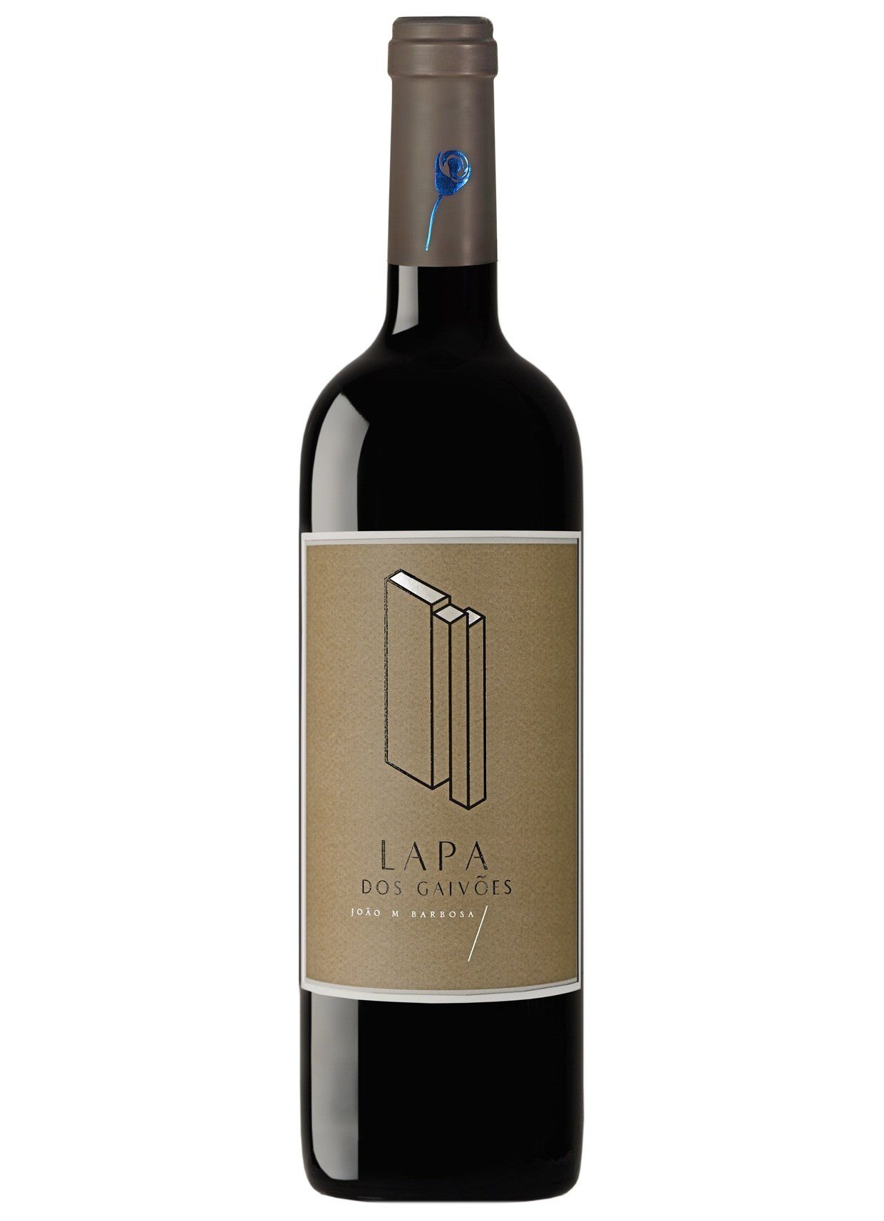 Bottle of red wine with tan label; illustration of two books.