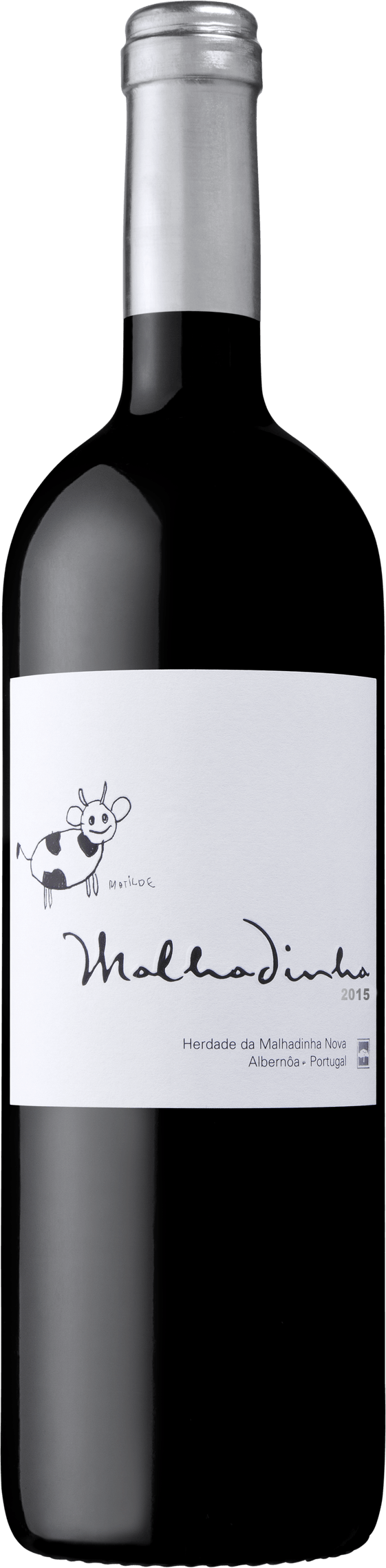 Bottle of red wine with a white label, dark background. Label has script and small drawing. Silver cap.