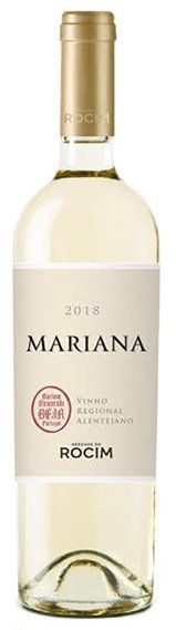 Bottle of Mariana white wine. Beige label with red seal and gold cap.