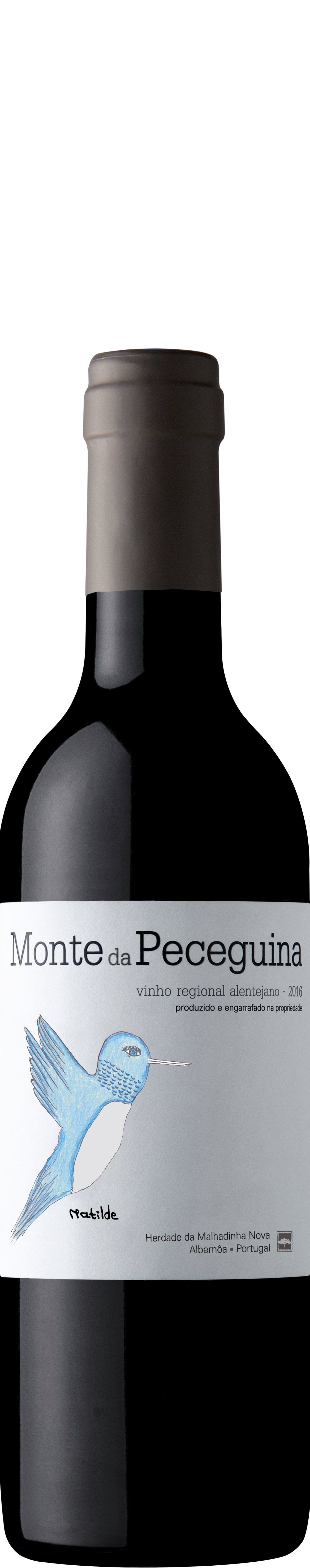 Bottle of wine with a light blue hummingbird on the label. The bottle is black with a gray cap.