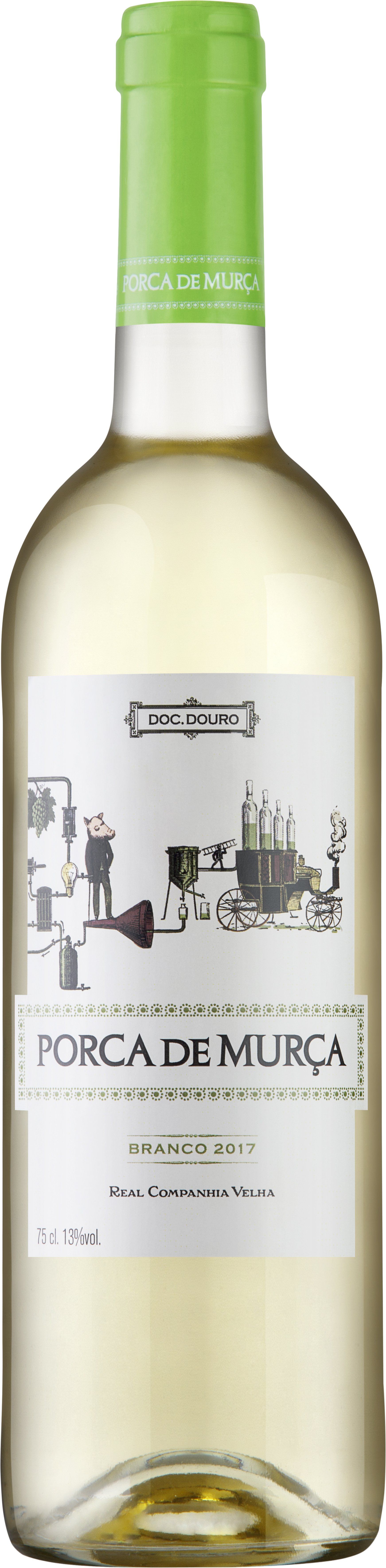 A bottle of white Porca de Murça wine with a green top and a white label with text and illustrations.