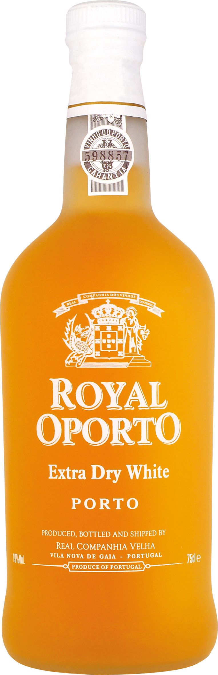 Bottle of Royal Oporto Extra Dry White Port wine with a white cap.