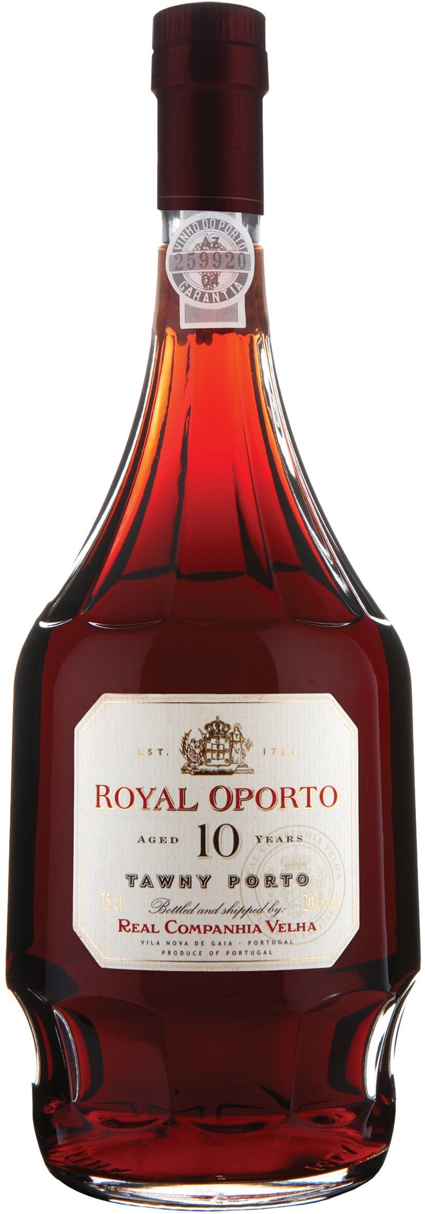 Bottle of Royal Oporto 10 year old Tawny Port wine, with a white label.