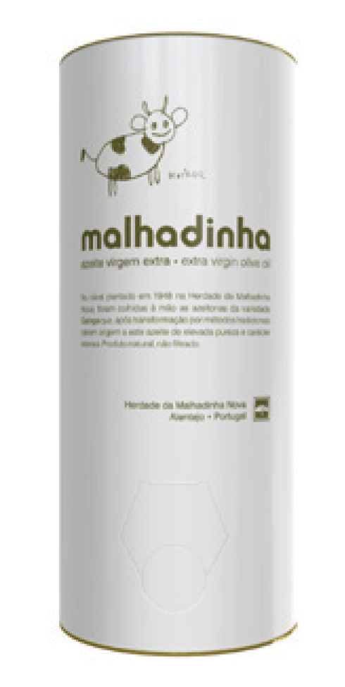Olive oil tin with a cartoon cow and text in Portuguese.