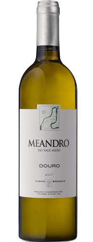 Bottle of Meandro Douro white wine. Silver cap with white label and green logo.