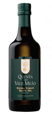 Bottle of Quinta do Vale Meão extra virgin olive oil, dark green label and cap.