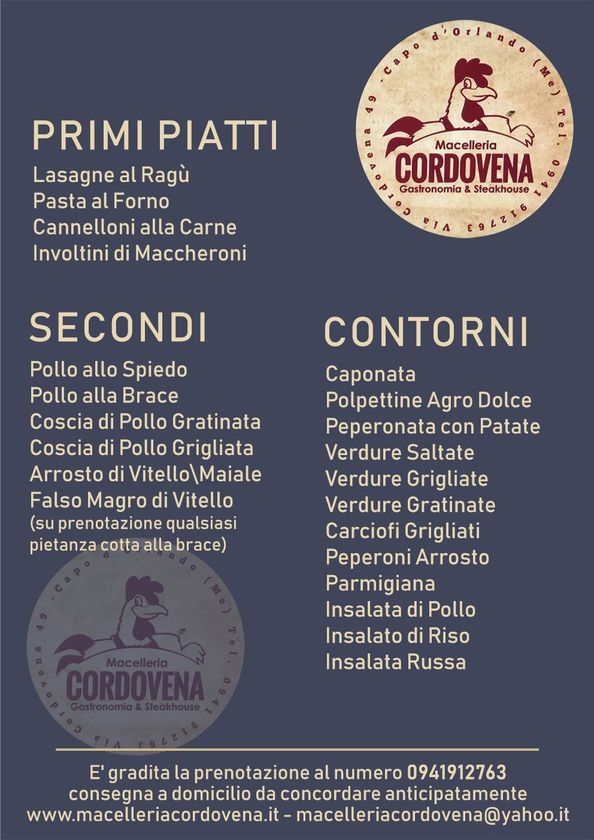 Menù con primi piatti, carni (pollo, vitello) e contorni (caponata, verdure grigliate). Logo 