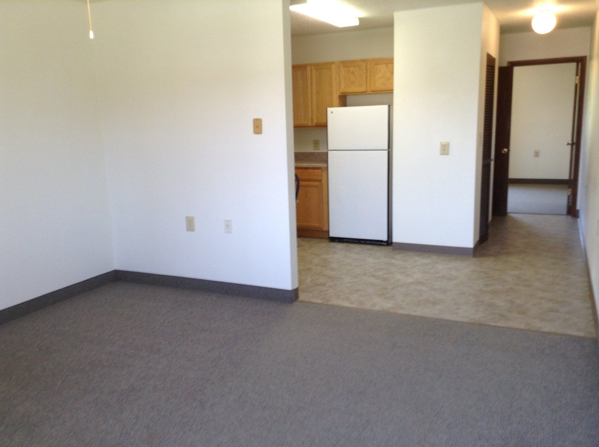 Empty apartment interior with carpet, kitchen, and open doorway. White walls, neutral tones.