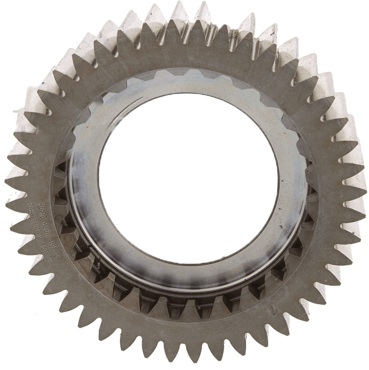 Metal gear with angled teeth and a large central hole.