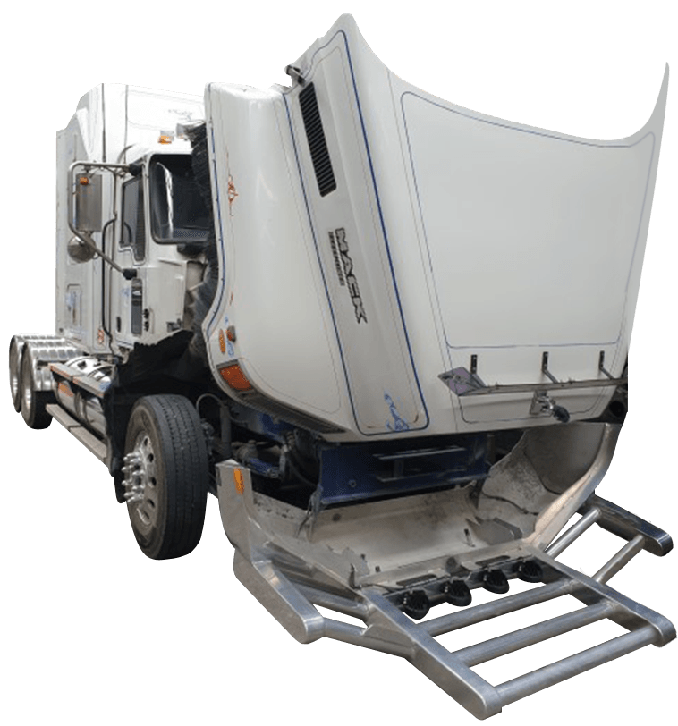 A white semi truck with the hood up and a ladder attached to it