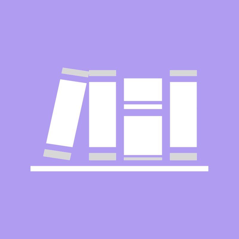 Un fondo morado con un ícono blanco de libros en un estante.