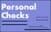 Personal checks banner with white text on a blue background and a hand holding a credit card