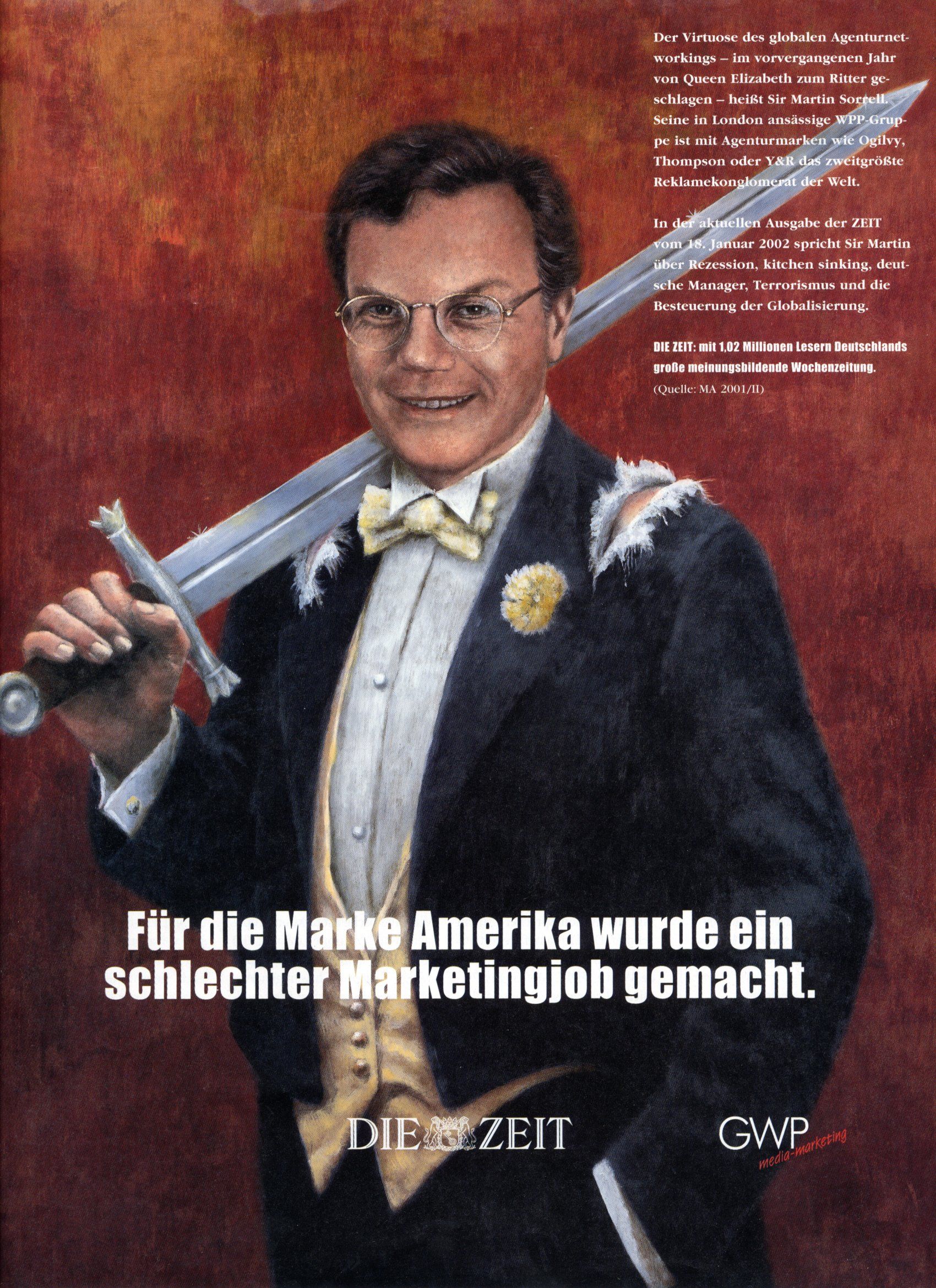 Sir Martin Sorrell / Werbeagentur WPP Gruppe London / Idea and illustration for DIE ZEIT advertising campaign / Ludvik Glazer-Naudé, original: acrylic painting on wood, 100 x 70 cm