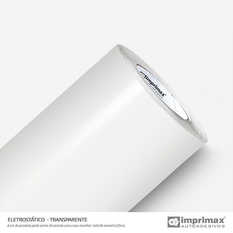 Um rolo de película eletrostática transparente da Imprimax com núcleo branco, sobre um fundo claro liso.