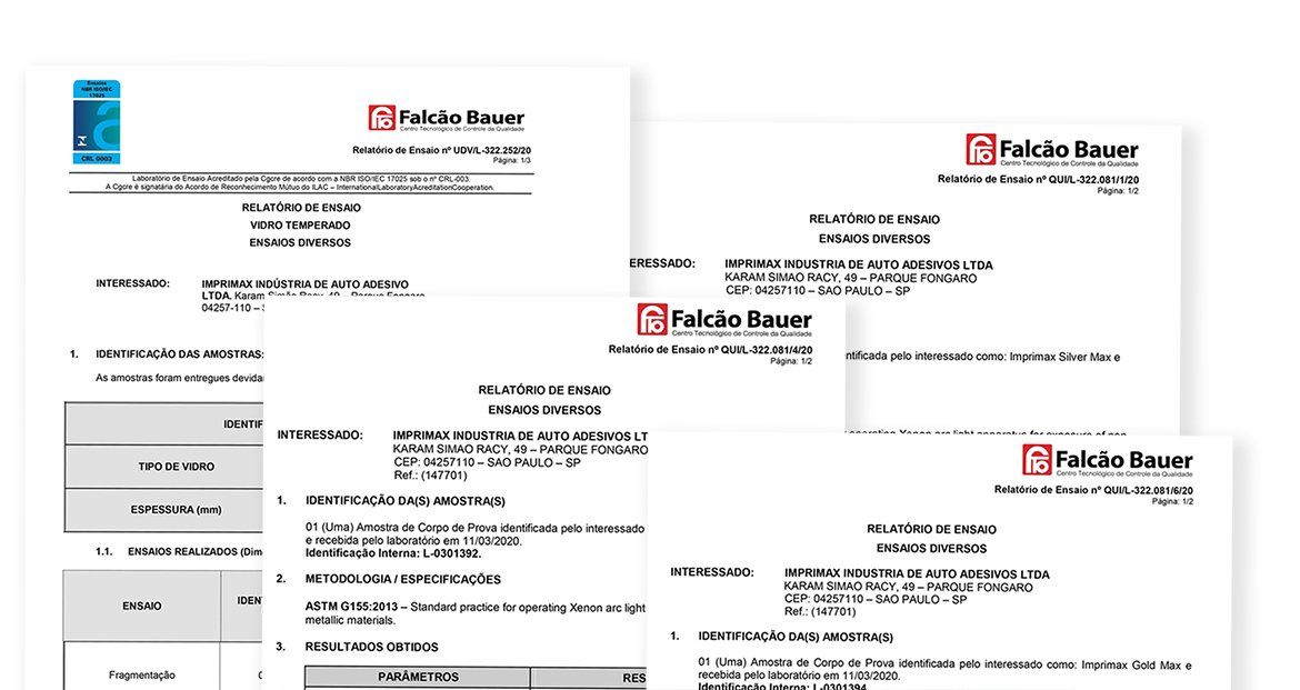 Uma pilha de vários relatórios de serviço da Falcão Bauer, apresentando o logotipo da empresa e texto em português.