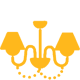 A yellow chandelier with three lamps hanging from the ceiling.