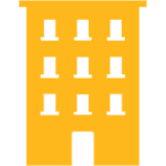 A yellow building with white windows and a door on a white background.