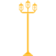 A yellow lamp post with three lights on it on a white background.