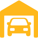 A yellow car is parked in a garage.