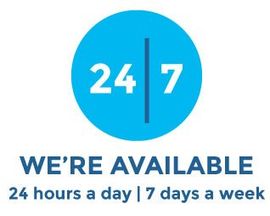 A blue sign that says we 're available 24 hours a day 7 days a week