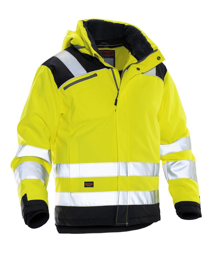 Une veste de sécurité jaune et noire avec une capuche