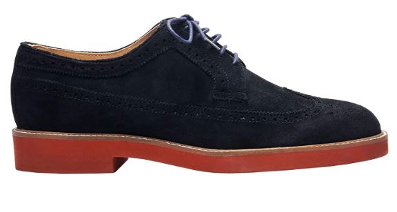 Une paire de chaussures bleues avec des semelles rouges sur fond blanc