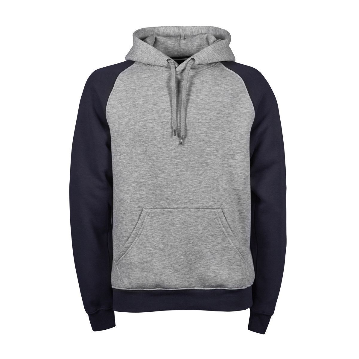 Un sweat à capuche gris et bleu avec une capuche sur fond blanc