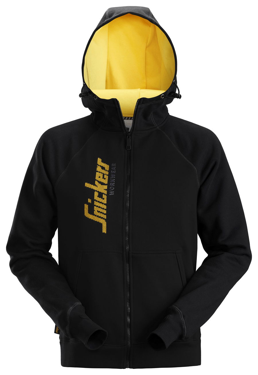 Un sweat à capuche Snickers noir avec une capuche jaune