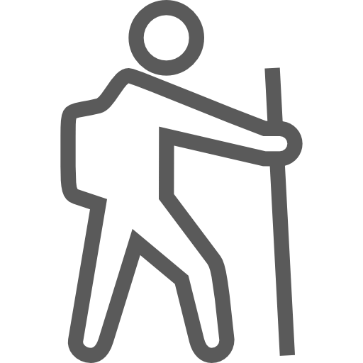 Un dessin au trait d'une personne avec un sac à dos et un bâton.