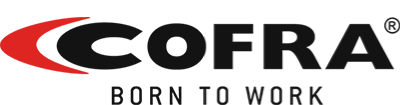 Le logo de cofra est noir et rouge et dit né pour travailler.