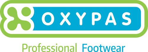 Le logo des chaussures professionnelles oxypas est bleu et vert.