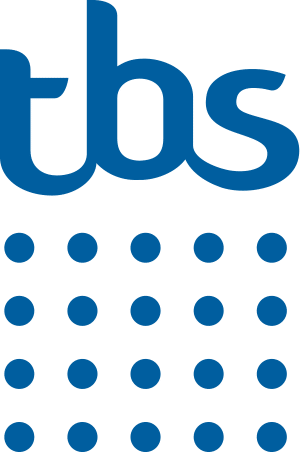 Un logo tbs bleu avec des points bleus sur fond blanc