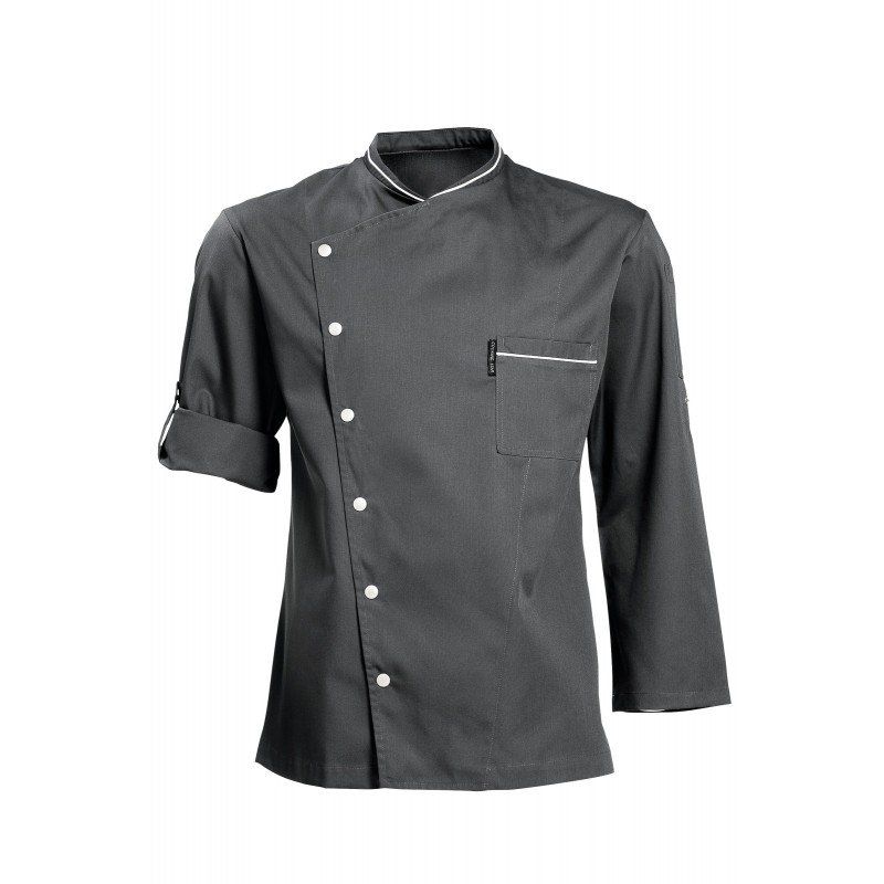 Une veste de chef noire avec des boutons blancs sur le côté