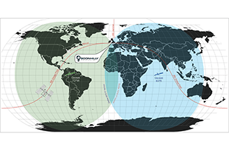 A diagram shows Goonhilly on a world map and demonstrates that it is perfectly situated to track satellites in LEO, MEO, and GEO