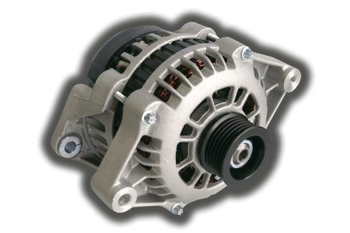 Silver alternator with black pulley and belt, a car part.