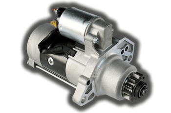 Car starter motor, silver and black with gear teeth extending, angled perspective.