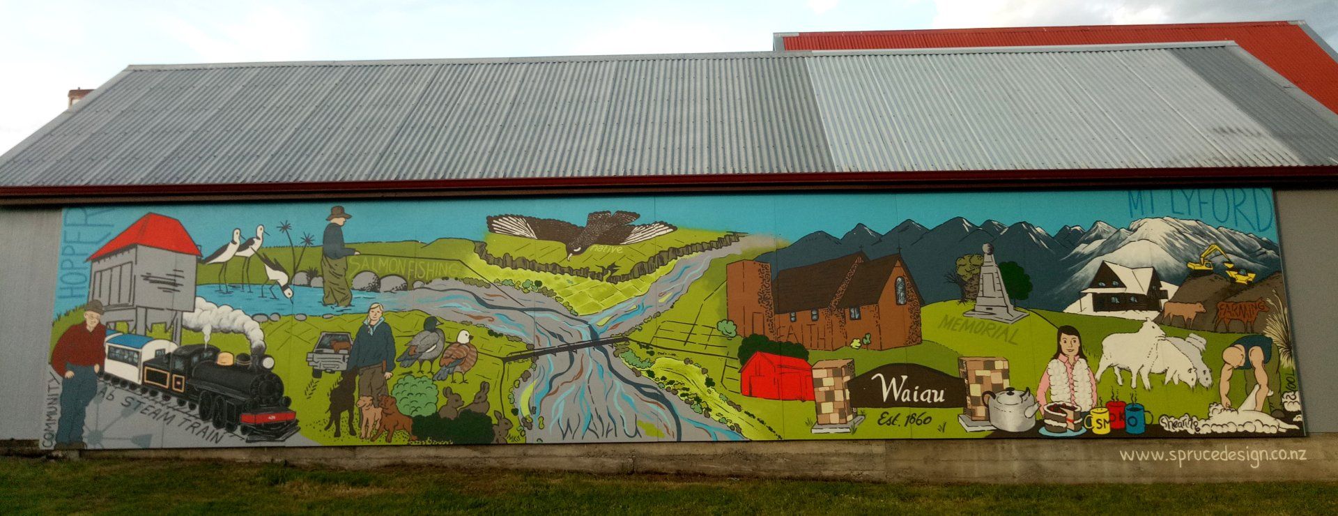 Mural, art, nz, artist, canterbury, graffitti, urban, artist, colour, linework, community, business, bespoke, artwork, commission, love, project, waiau,2019, earthquake, community, spirit, joy, uplift, community, history, people, love, job, train, nurse, buildings, country, farming, family, steam, locomotive, church, hopper, fishing, native, animals, domestic, memorial, shearing, rock, mountains, murals by margot.nz, atwork, custom, Illustration, sketching, design, commercial, business, corporate, product design, labels, graphics, drawn, hand, pencil, pen, black and white, buildings, people, lovel,m community, murals, margot.nz, nz, margot, margotkorhonen, margot korhonen