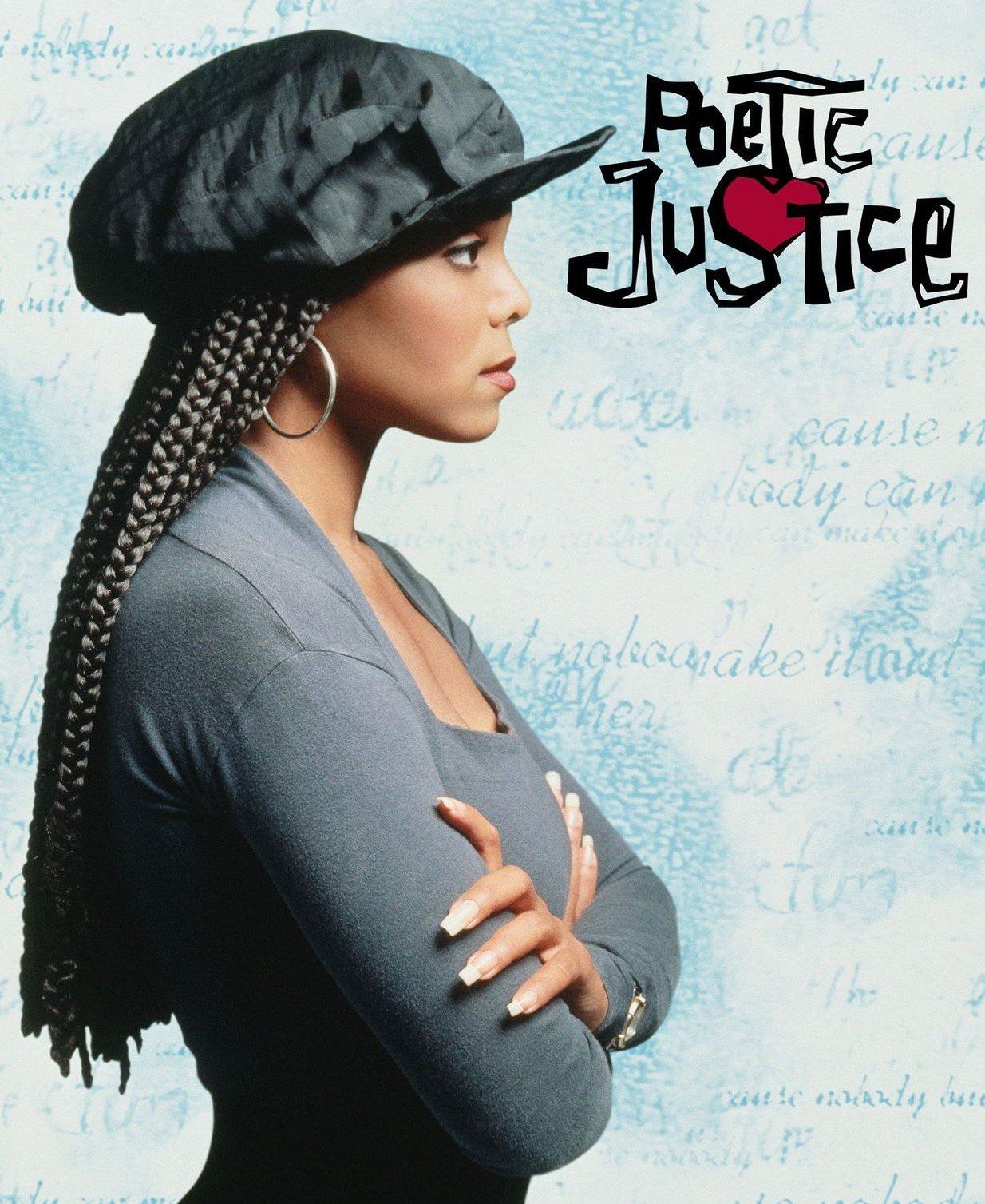 A poster for poetic justice features a woman wearing a hat