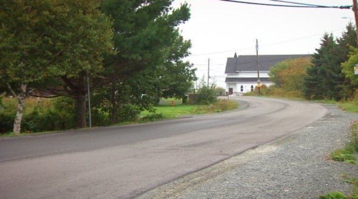 A road with trees on both sides and a house in the background