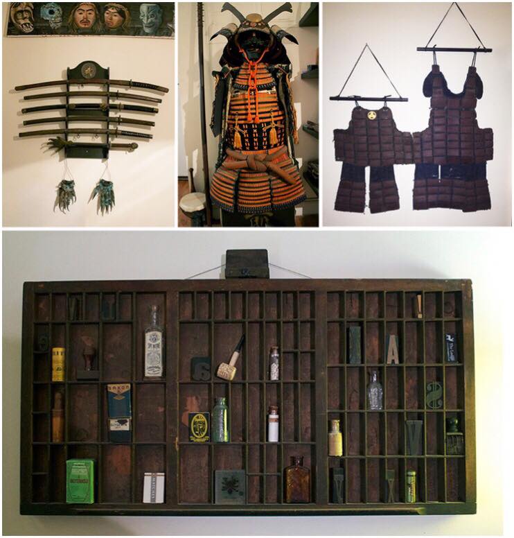 A samurai armor is displayed on a wooden shelf
