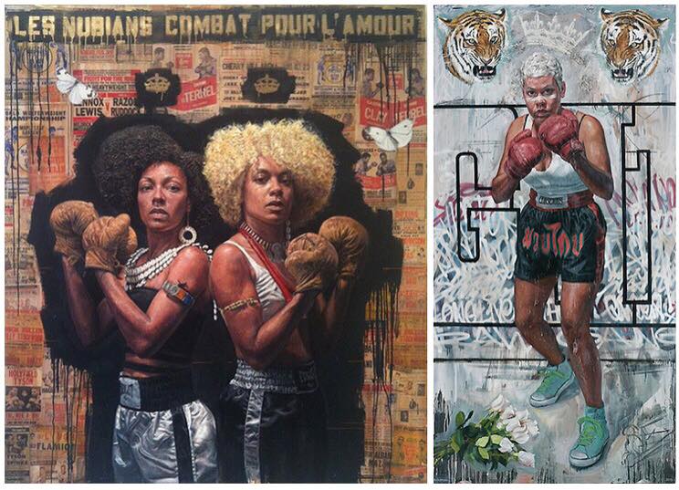 Two paintings of women boxing with the words les nubians combat pour l' amour