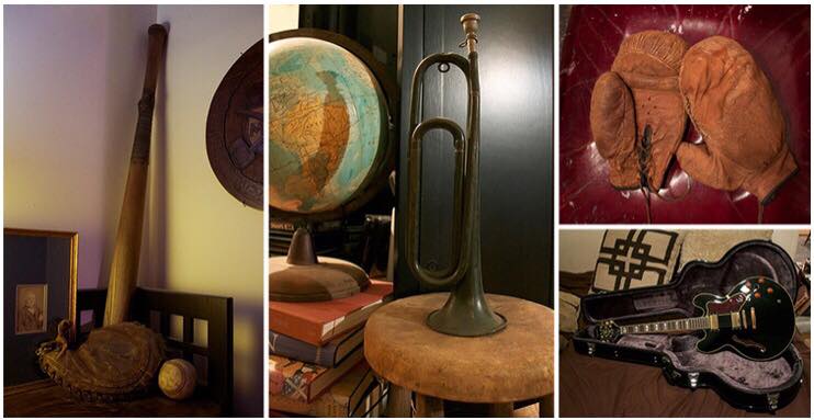 A collage of pictures shows a globe a trumpet and a guitar case