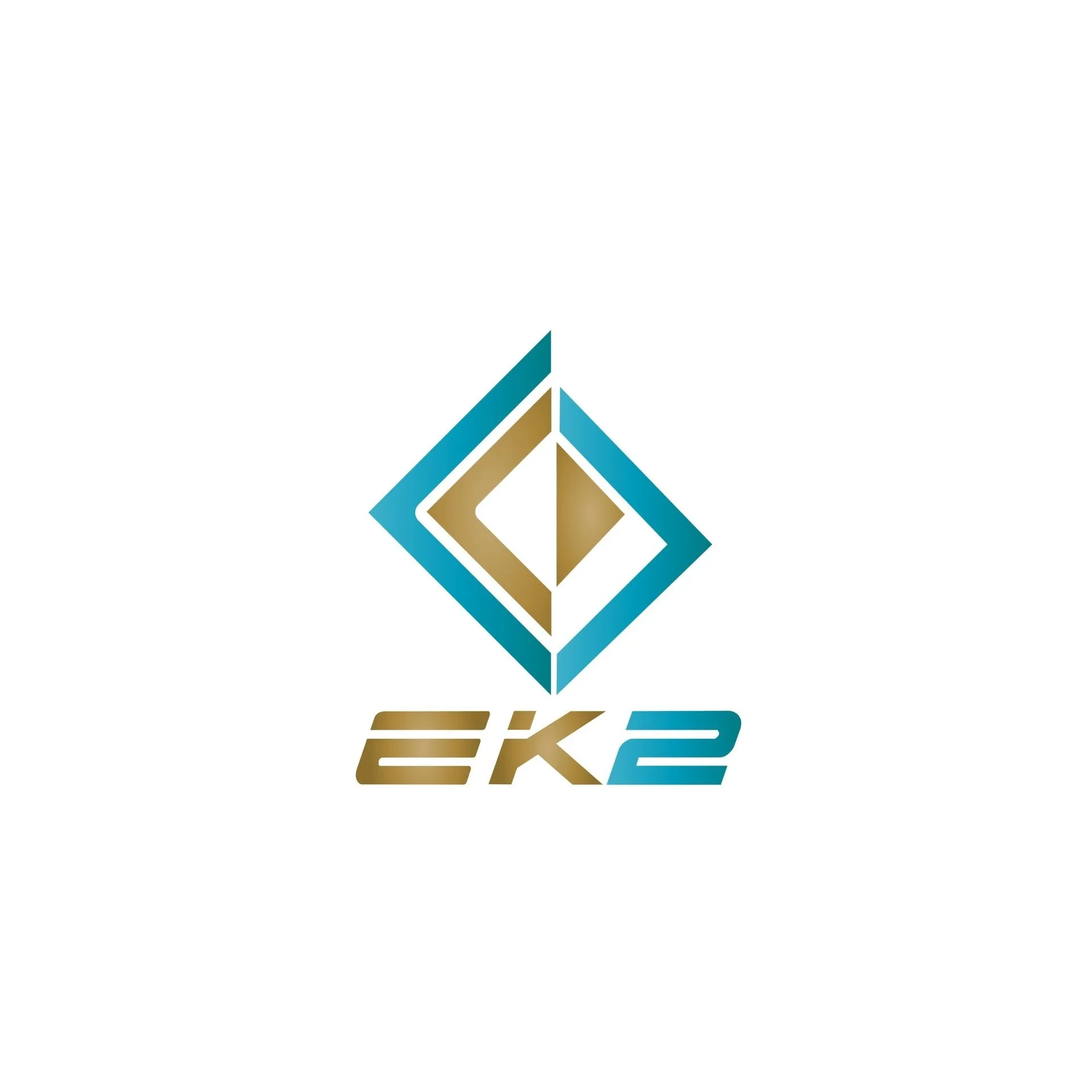 A blue and gold logo for ek2 on a white background