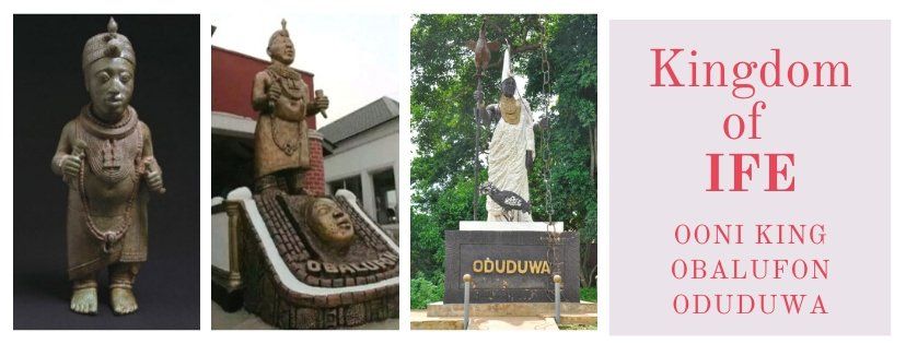 A collage of three pictures of statues and a book titled kingdom of ife