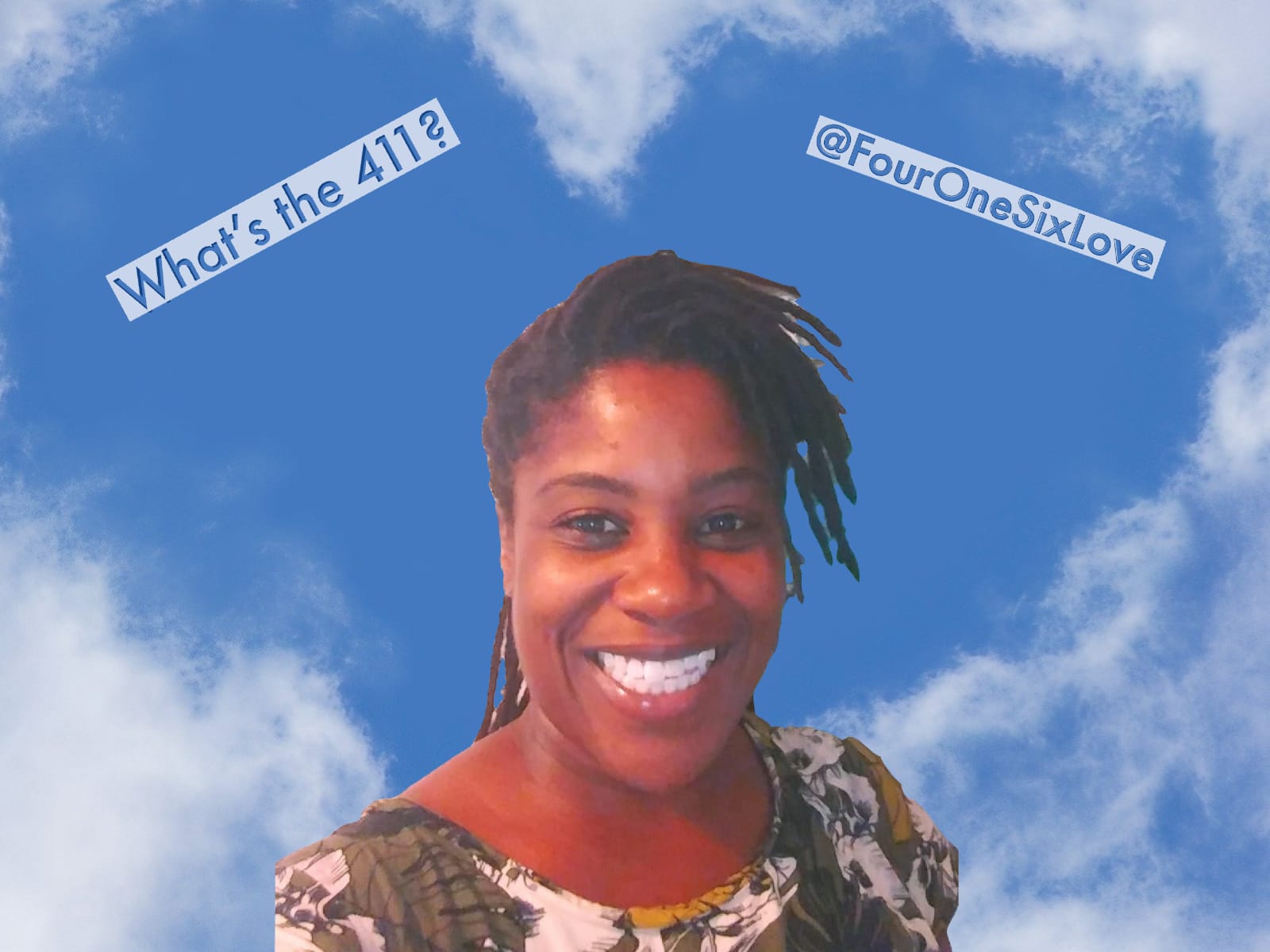 A woman with dreadlocks is smiling in front of a blue sky.
